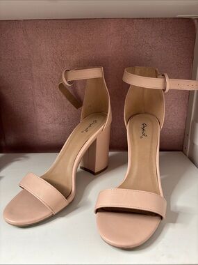 Qupid Blush Pink Block Heel Ankle-Strap Sandals